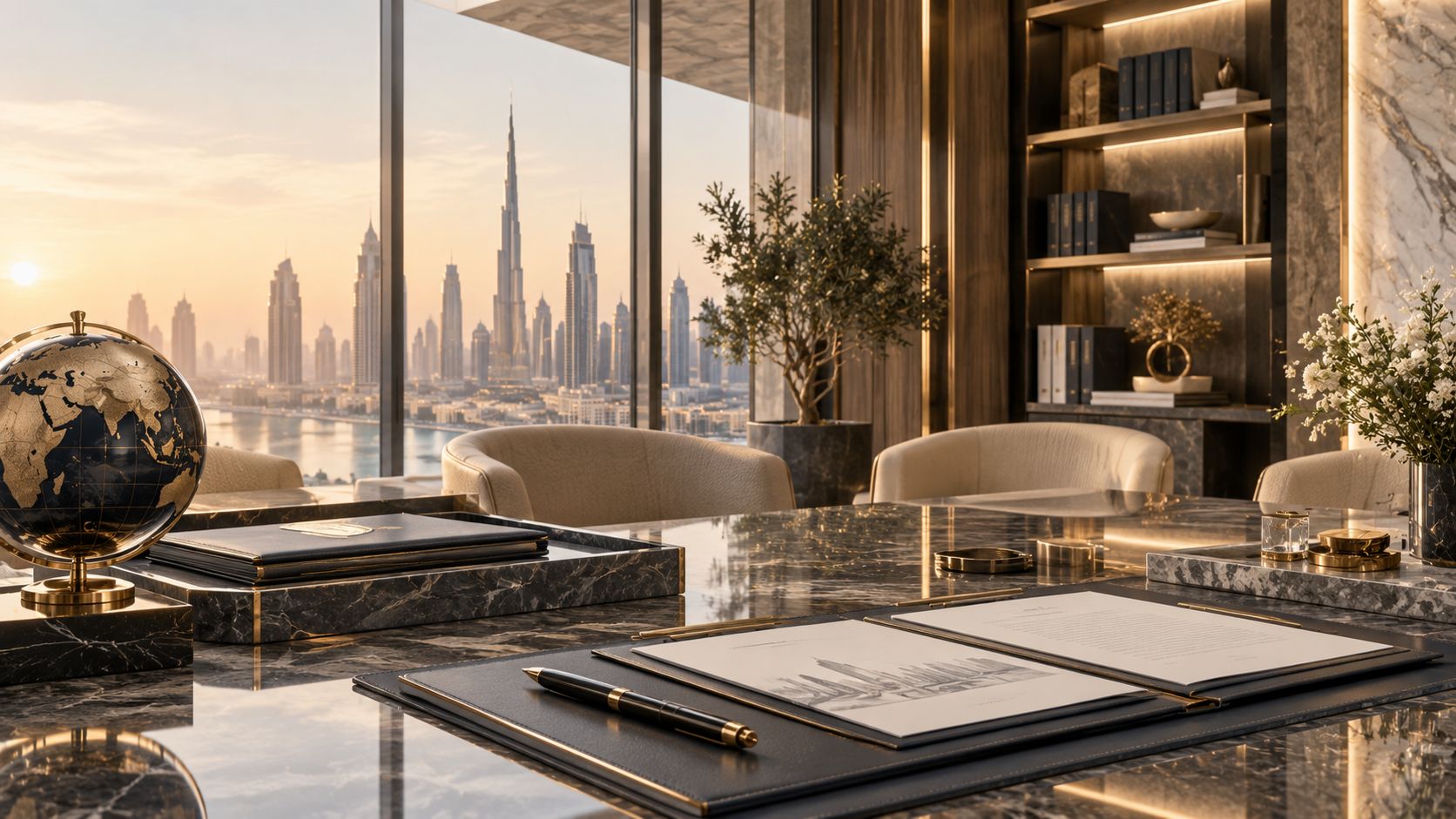 Executive desk with a globe and the Dubai skyline